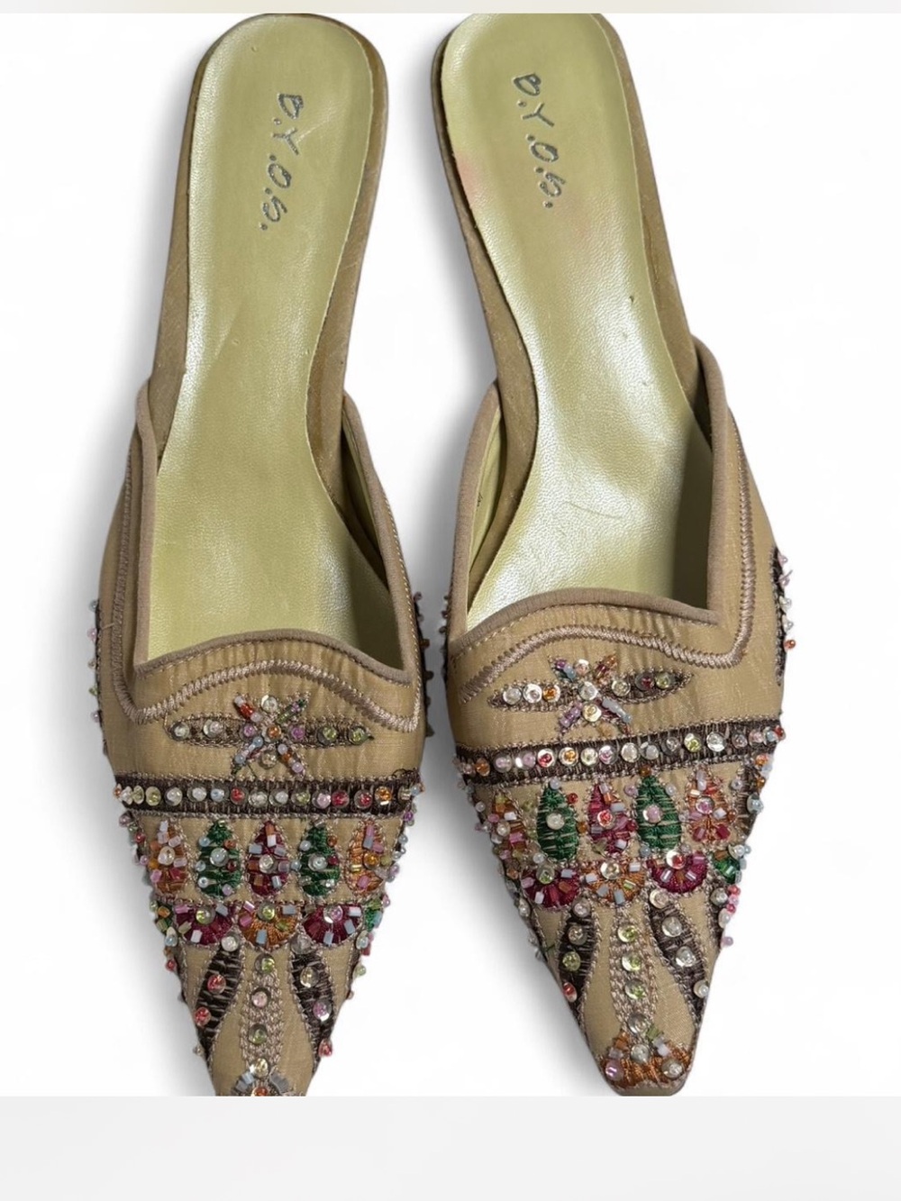 Vintage Y2K B.Y.O.S. Beaded Rhinestone Mule Heels Pointed Toe Kitten Heel